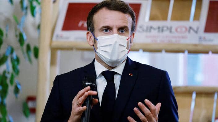 French President Emmanuel Macron delivers a speech to employees of the civil service during a visit to Saint-Leonard de Noblat, in the Haute-Vienne department