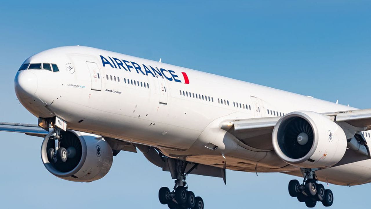 New York, USA - February 29, 2020: Air France Boeing 777 airplane at New York John F. Kennedy airport (JFK) in the USA. Boeing is an aircraft manufacturer based in Seattle, Washington.