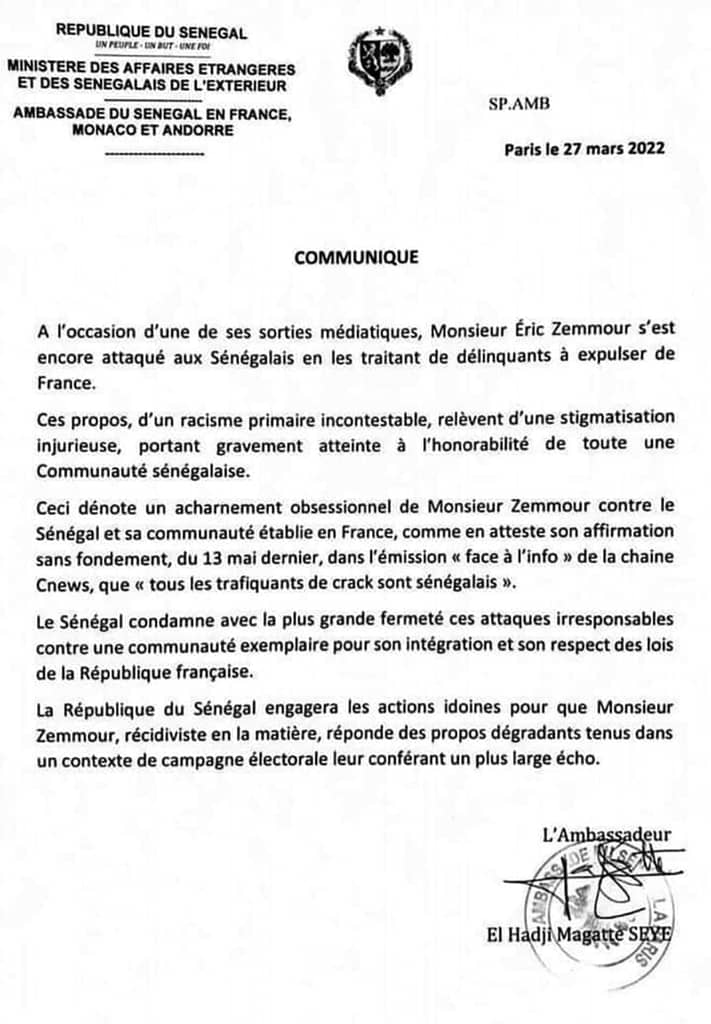 Le gouvernement sénégalais annonce des poursuites contre Zemmour, voici la raison