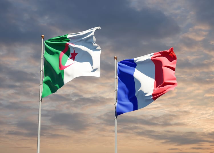 Beautiful national state flags of France and Algeria together at the sky background. 3D artwork concept.; Shutterstock ID 1848066196; purchase_order: -; job: -; client: -; other: -
