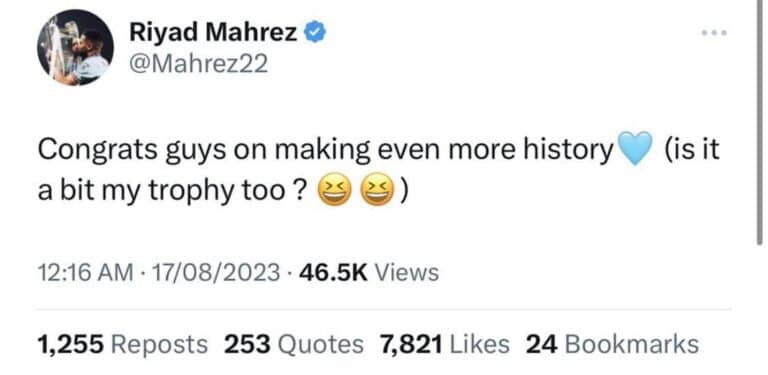 Supercoupe - Victoire de Man City : "Est-ce un peu mon trophée aussi ?" s'interroge Mahrez Supercoupe - Victoire de Man City : Mahrez réagit