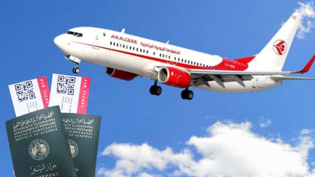 Air Algérie : Masse salariale, entretien… des dépenses incompressibles Avion Air Algérie survolant avec passeports et billets d'avion.