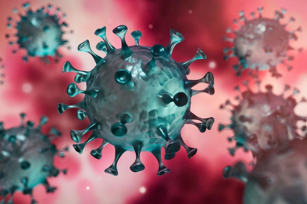 Représentation 3D du virus COVID-19 avec protéines spike.