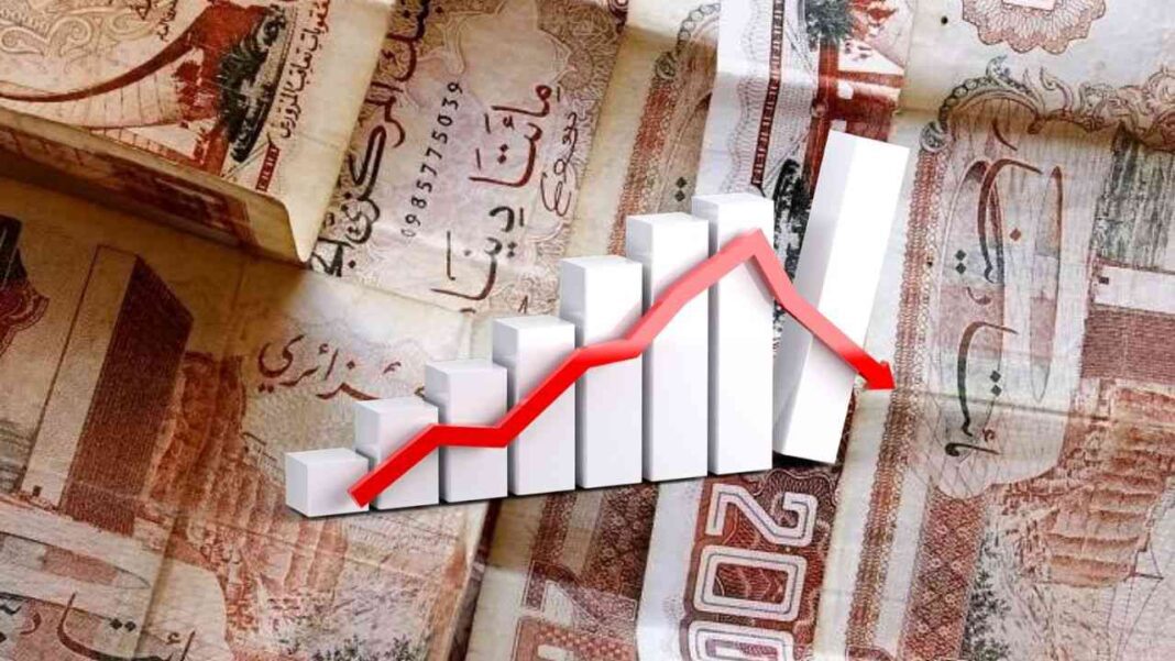 Algérie : Les citoyens redoutent plus la crise économique que l’ingérence étrangère Graphique de croissance économique avec une flèche rouge en baisse.