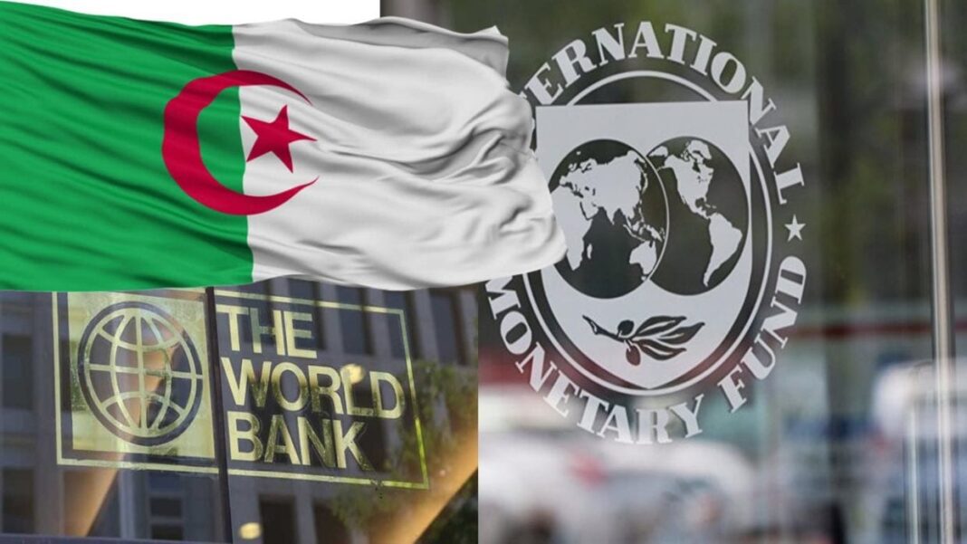 Drapeau algérien flottant avec logo du Fonds Monétaire International.