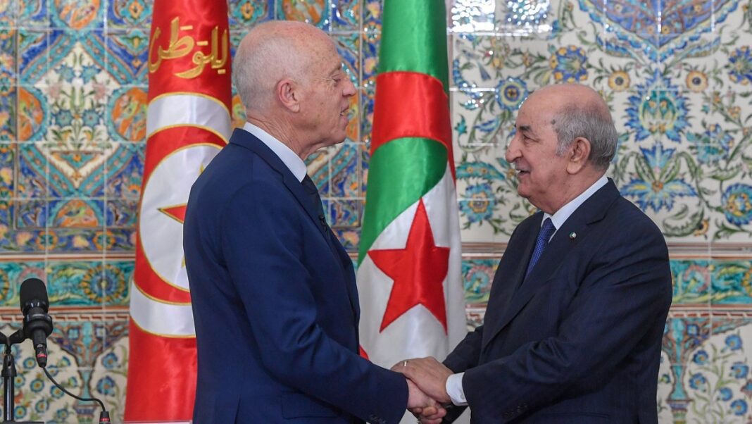 Algérie : Tebboune réitère son appui à la Tunisie Deux hommes en costume se serrent la main lors d'une rencontre officielle.