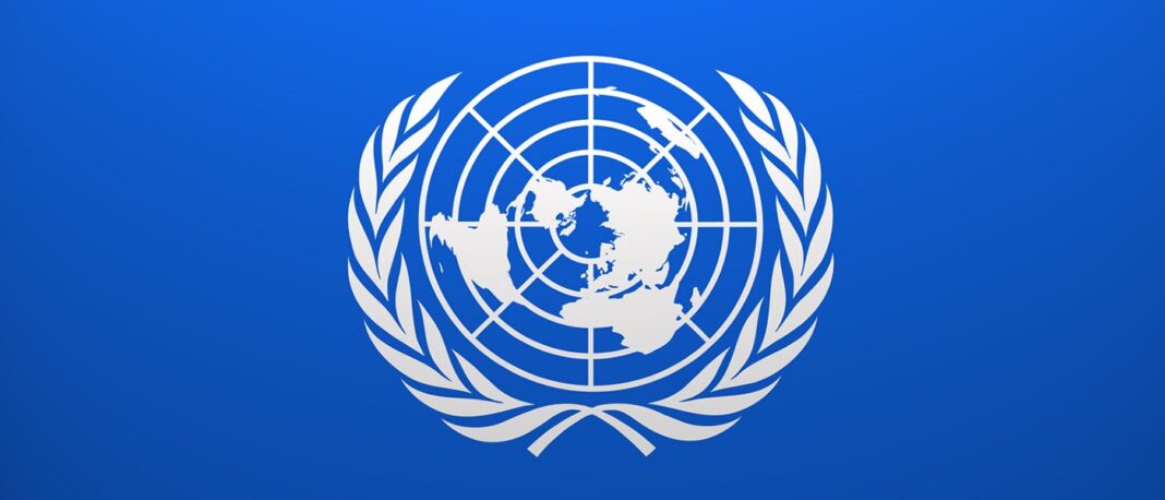 Une ONG appelle au gel des livraisons de matériel de guerre au Maroc Logo des Nations Unies avec la carte du monde et des branches d'olivier.