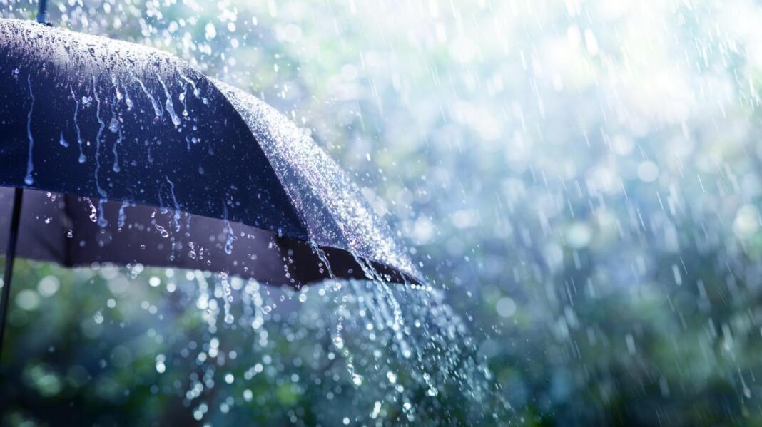 Pluie et parapluie dans la nature Parapluie noir sous la pluie avec éclaboussures d'eau.