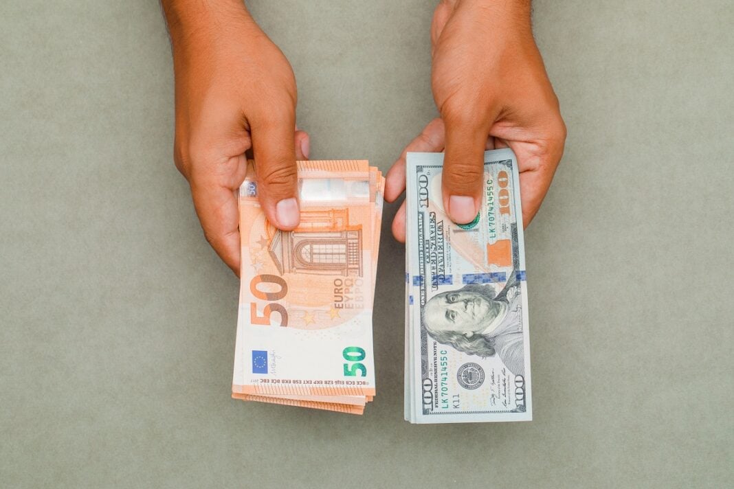 L’euro et le dollar sont au pair pour la première fois en 20 ans Main tenant des billets de 50 euros et 100 dollars pour échange.