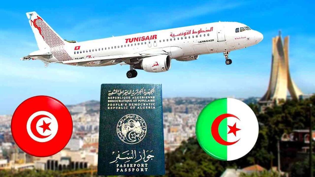 Les touristes algériens peuvent-ils voyager vers la Tunisie cet été ? Avion Tunisair en vol au-dessus d'Alger avec monuments en arrière-plan.