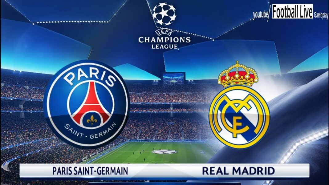 PSG Real Madrid streaming : Suivez le match en direct ici Logo de Paris Saint-Germain et Real Madrid avant le match de la Ligue des Champions.