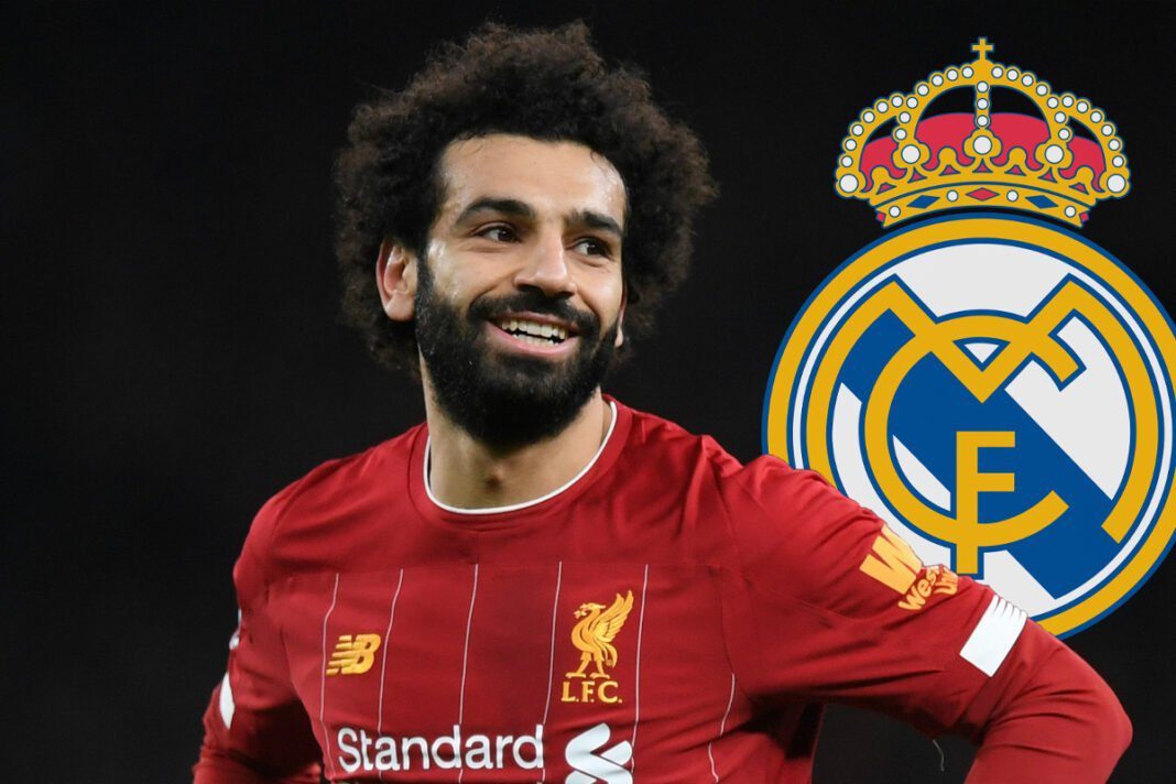 Mohamed Salah prévient le Real Madrid Joueur de football en maillot Liverpool avec logo Real Madrid en arrière-plan.