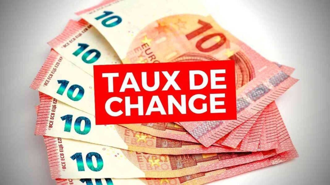 Billets de banque en euros et dinars avec texte 'Taux de change'.