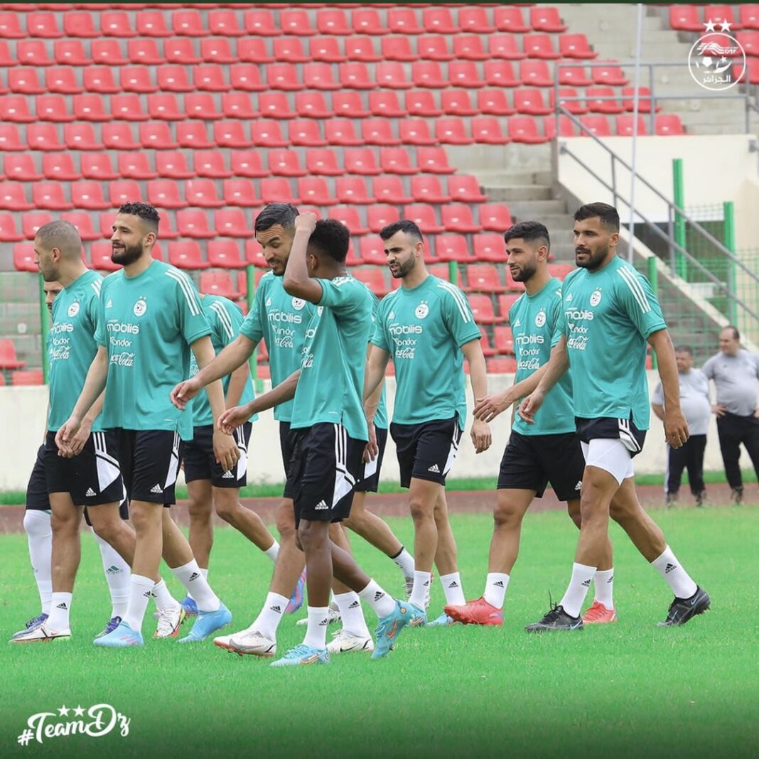 Barrages coupe du monde face au Cameroun : l’Algérie en pleine préparation Les joueurs d'Algérie s'entraînent avant la coupe du monde.