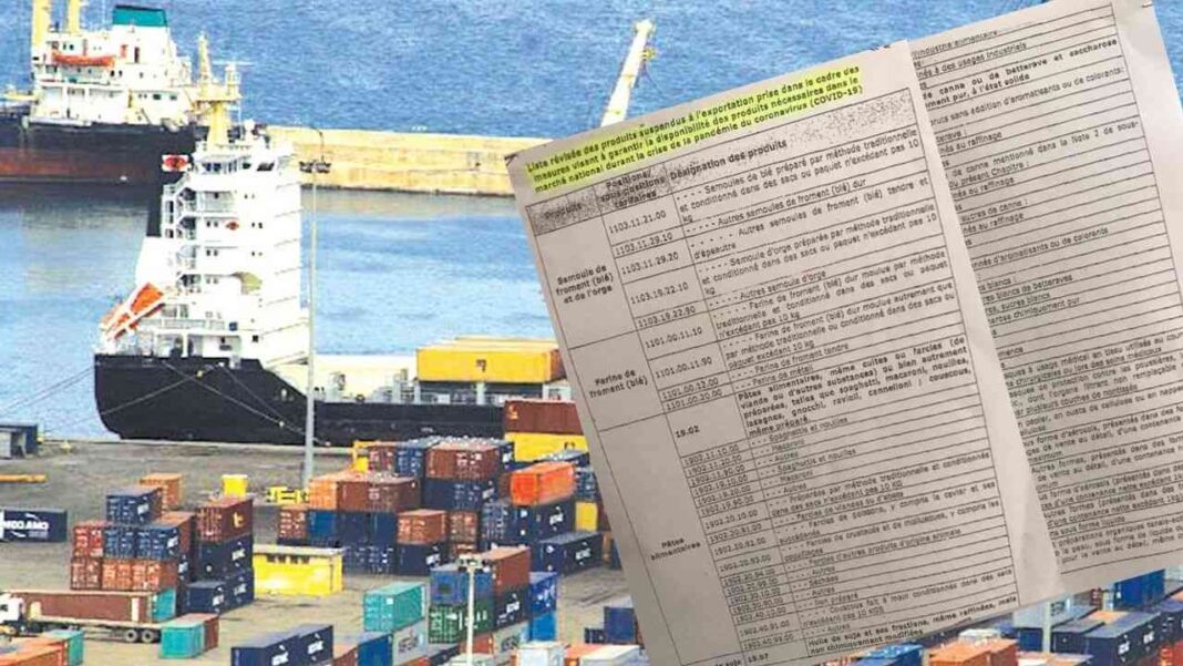 Algerie : voici la liste des 10 produits interdits à l’exportation Vue d'un port maritime avec navire, containers et document de logistique.
