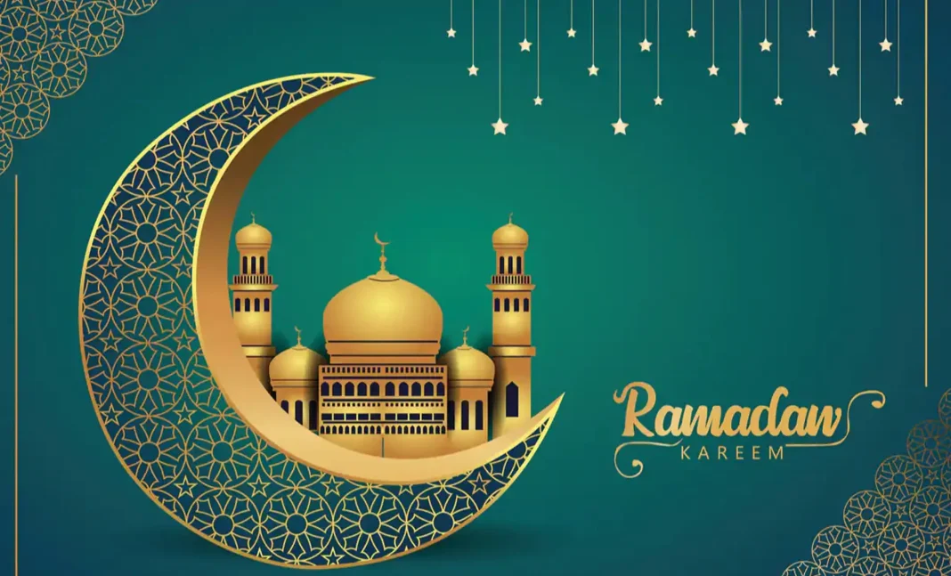 Ramadan 2023 : voici le nombre d’heures de jeûne en Algérie Illustration de Ramadan avec lune et mosquée dorée.