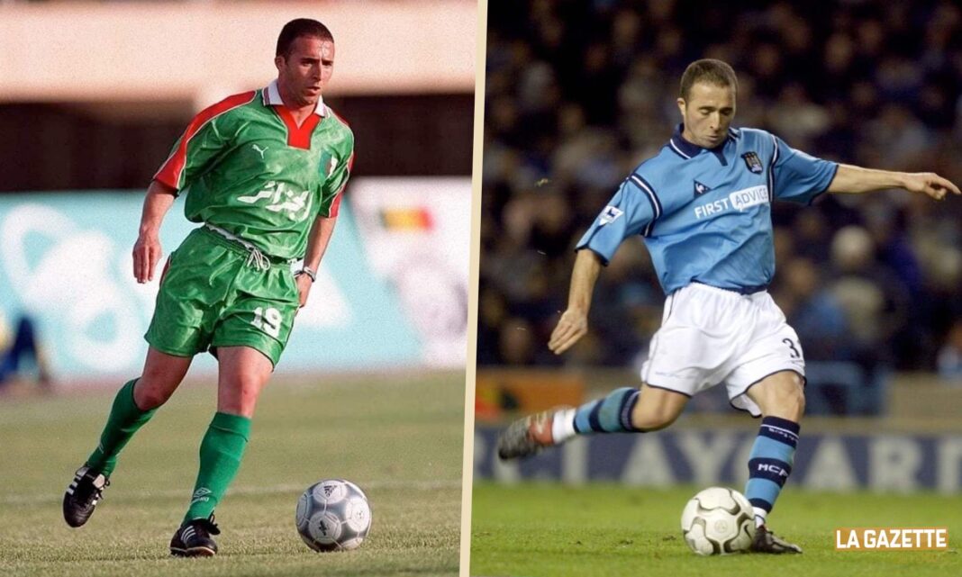 Confidence sur l’enfance de Djamel Belmadi Deux joueurs de football en pleine action sur le terrain.