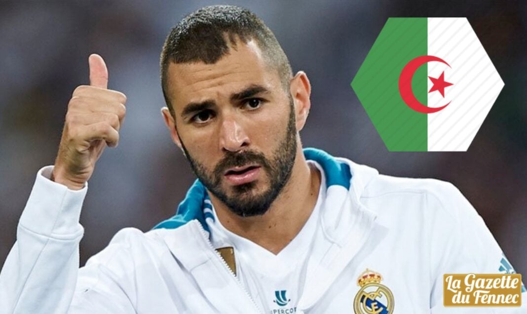 Karim Benzema sera en Algérie le… Karim Benzema avec le drapeau algérien en arrière-plan.