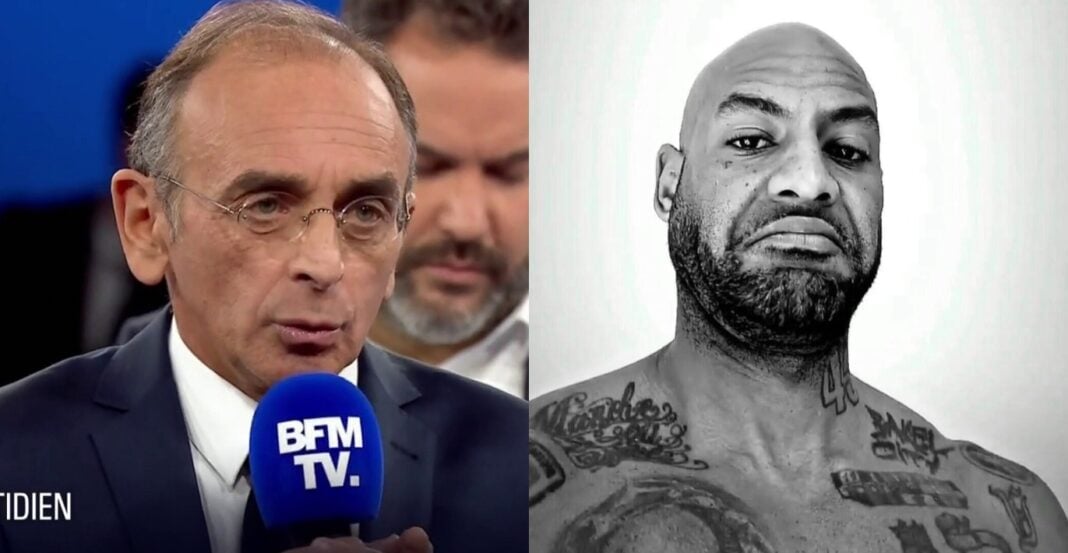 Présidentielle de 2022 en France: Le rappeur Booba encourage le candidat Eric Zemmour Interview politique et portrait d'un homme tatoué en noir et blanc.