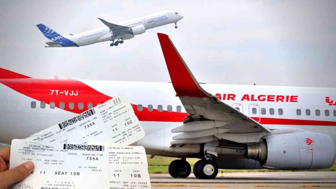 Air Algérie : Ouverture de la nouvelle ligne aérienne Alger-Doha-Algérie Avion Air Algérie prêt à décoller avec billets d'avion en premier plan.