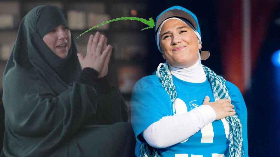 Diam’s signe son retour, à quoi doit elle s’attendre aujourd’hui… Diam’s sur scène, souriante, en tenue sportive avec un foulard bleu.