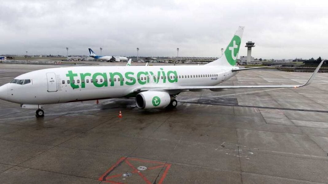 Avion Transavia à l'aéroport avec logo vert et blanc.