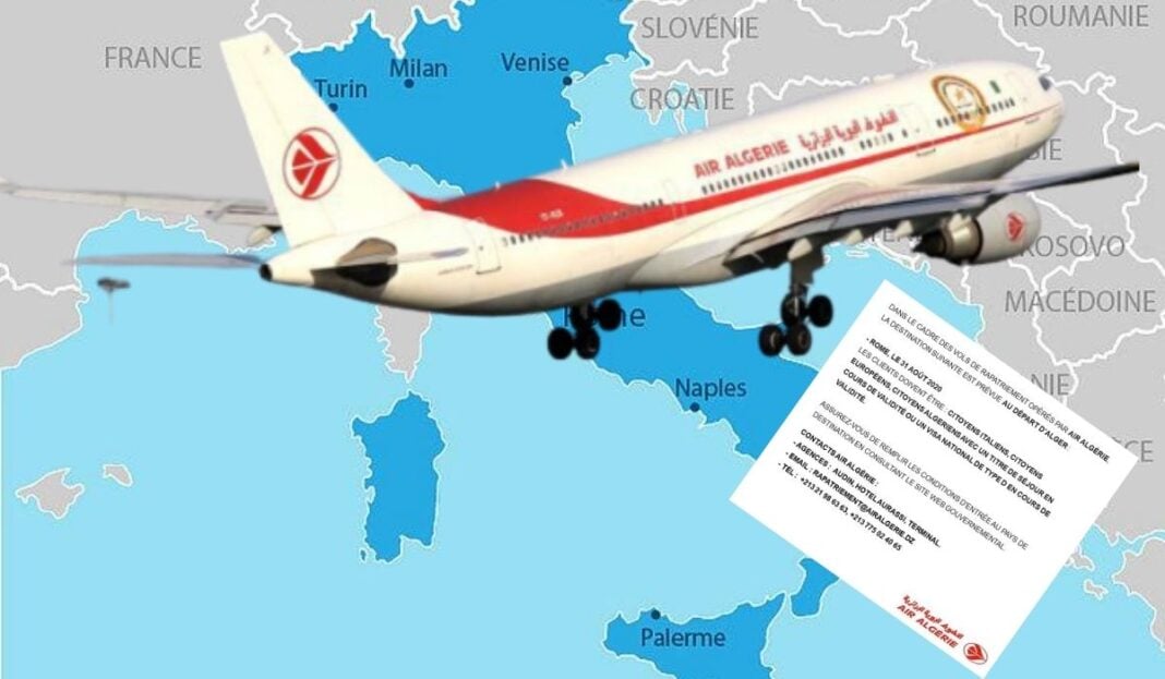 Air Algérie : Tout savoir sur les nouvelles conditions de voyage en Italie et en Allemagne Avion Air Algérie sur fond de carte de l'Europe et document officiel.