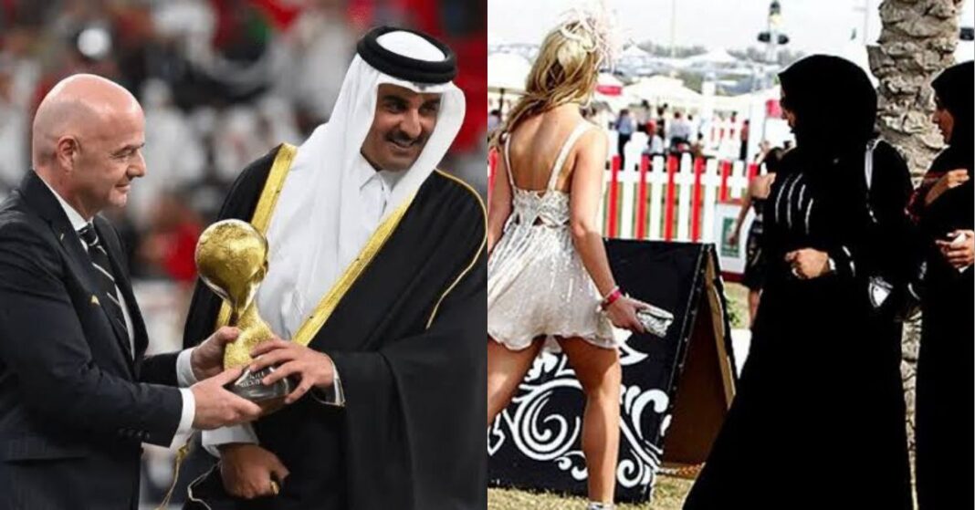 Couple étranger à la Coupe du Monde 2022 au Qatar, femmes et hommes en discussion.