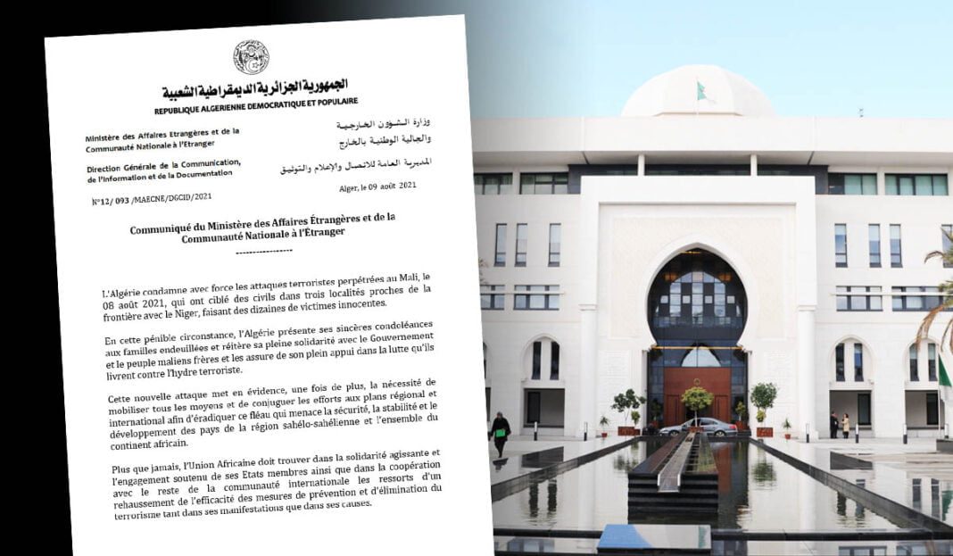 L’Algérie condamne les attaques terroristes perpétrées au Mali Bâtiment gouvernemental algérien moderne avec fontaine et architecture traditionnelle.