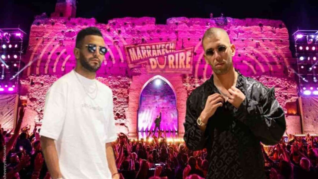 Mahrez et Slimani au Marrakech du Rire Mahrez et Slimani assistent au Marrakech du Rire, spectacle humoristique au Maroc.