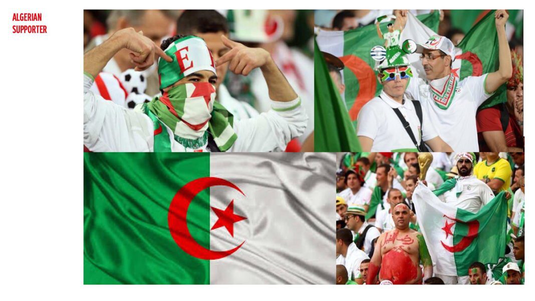 Supporters algériens en tenue aux Jeux méditerranéens 2022.