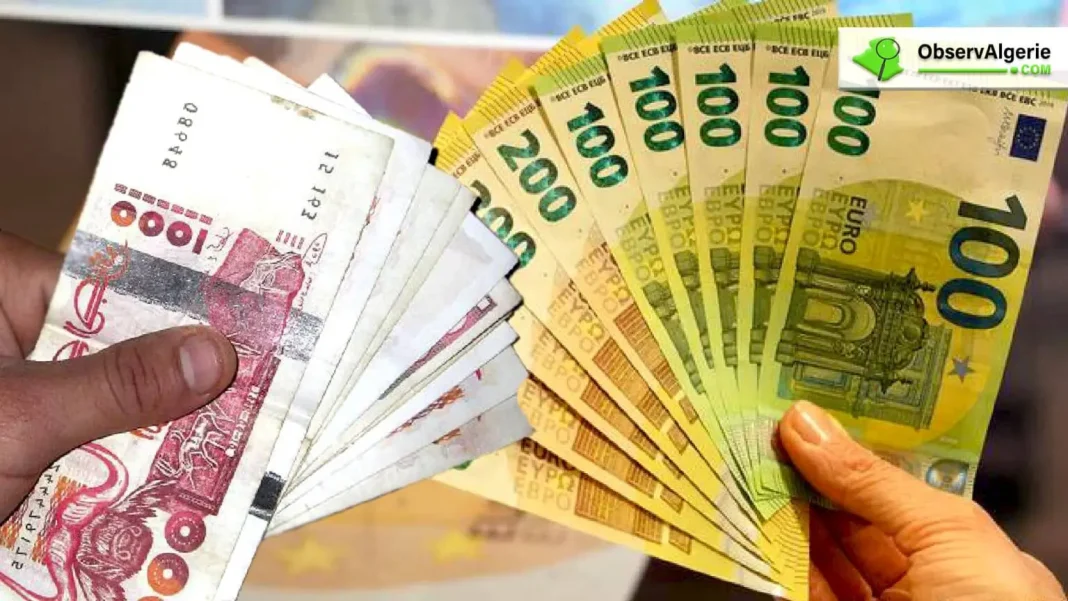 Marché des devises : voici le taux de change de l’euro face au dinar algérien Billets d'euros et de dinars algériens en échange.