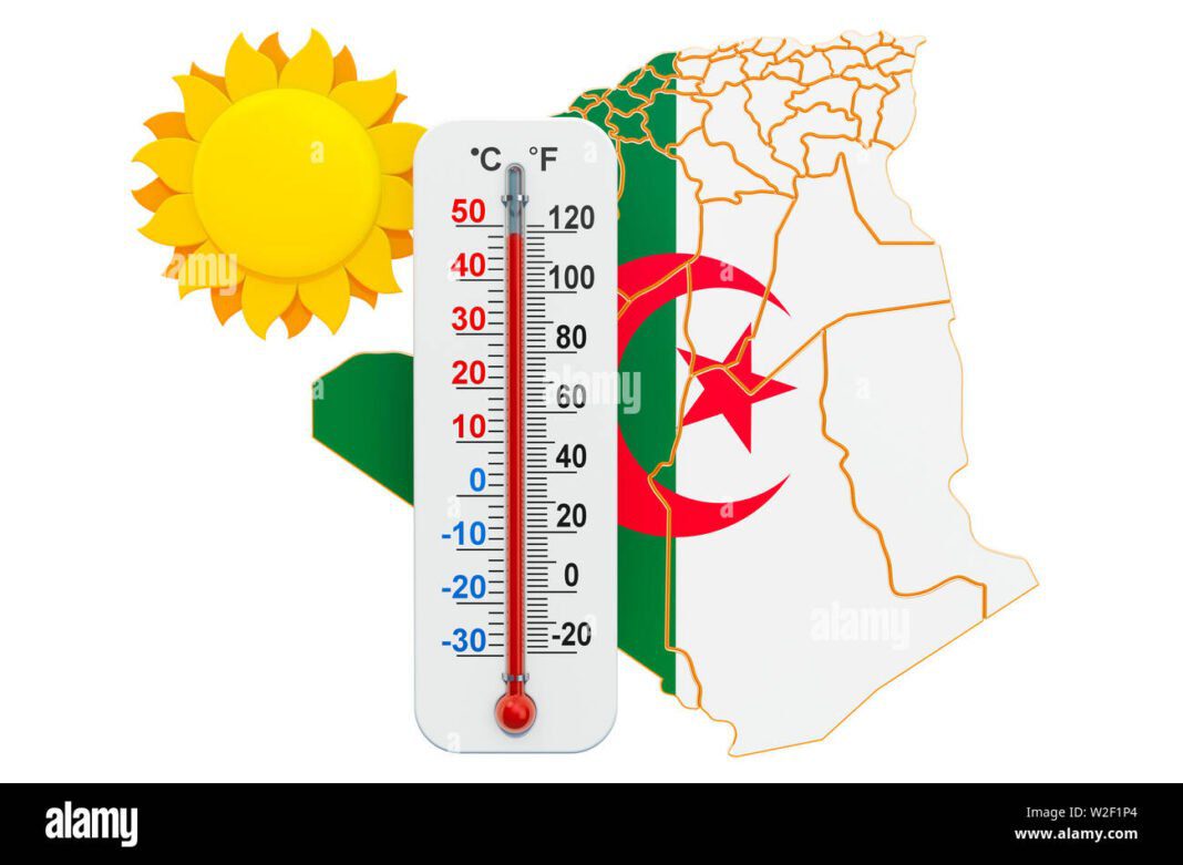 Météo : voici les prévisions de ce vendredi 8 juillet en Algérie Carte de l'Algérie avec soleil, thermomètre et symboles de pluie et orages.