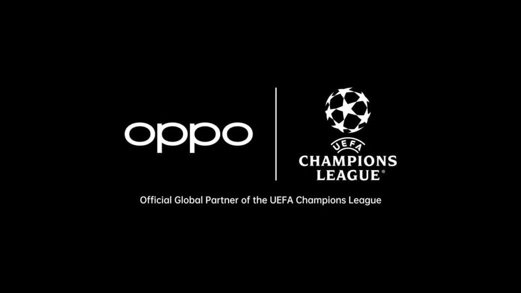 Partenariat entre OPPO et l’UEFA Logo OPPO et UEFA Champions League sur fond noir.