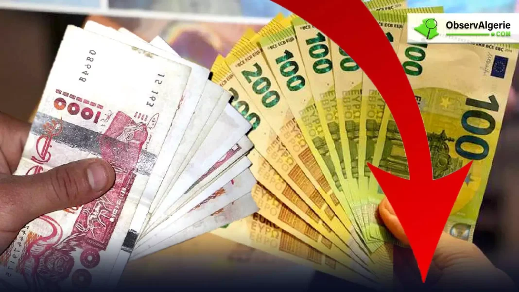 Algérie : le dollar trébuche devant le dinar, tandis que l’euro est en hausse Billets de banque en dinar algérien et euro, fluctuation des devises.