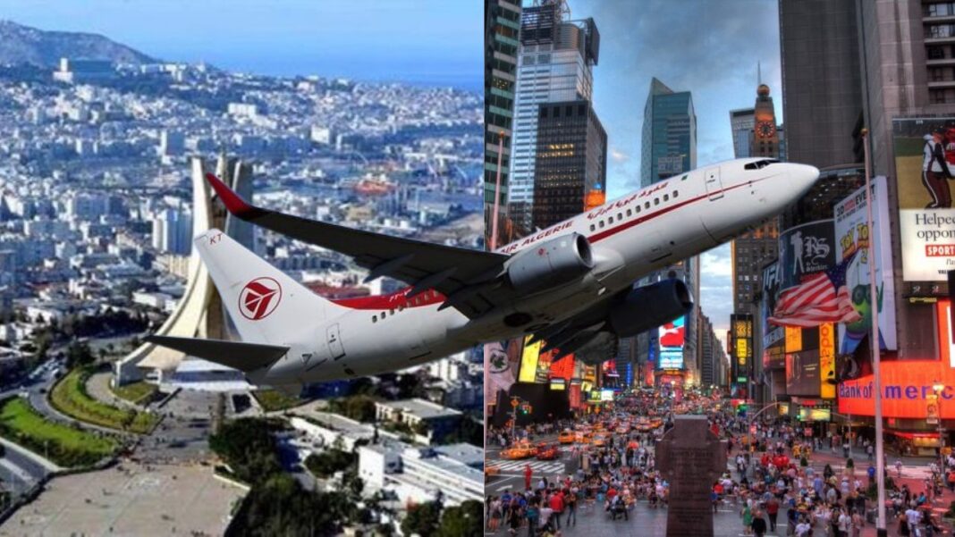 Vols Alger – New York : voici les prix des 3 meilleures compagnies Avion décollant de la ville de New York avec gratte-ciel en arrière-plan.