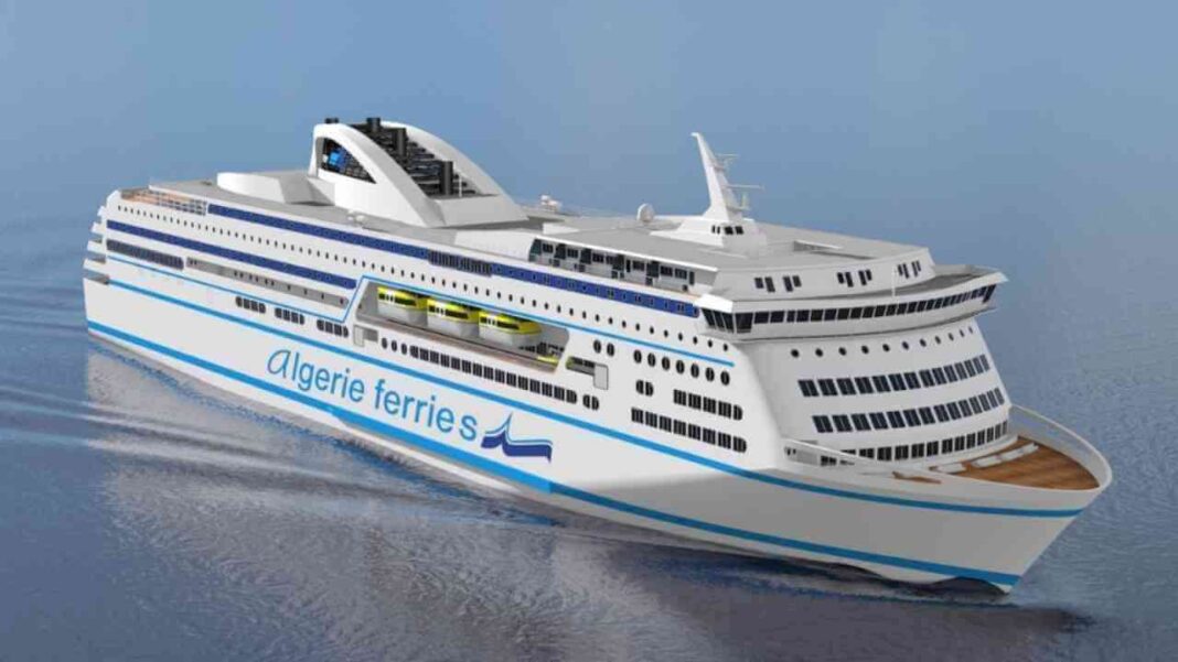 Ferry Algérie Ferries en mer Ferry Algérie Ferries naviguant en mer avec logo visible.