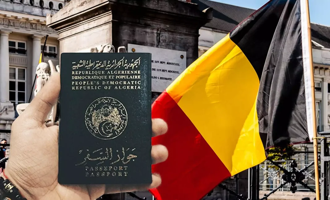 Voici comment un Algérien peut avoir un visa pour la Belgique Passeport algérien avec drapeau belge en arrière-plan.