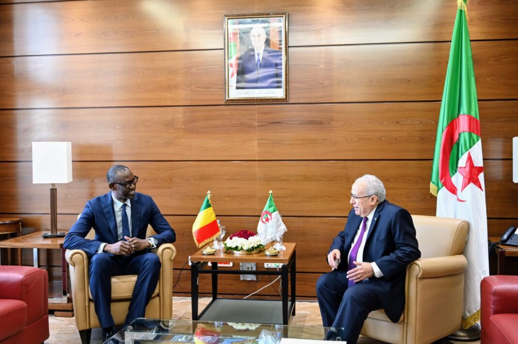 Rencontre diplomatique en Algérie Deux hommes en discussion dans un bureau officiel en Algérie.