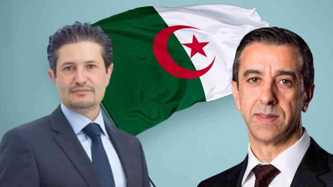 Les entreprises de Haddad, Mazzouz et des frères Kouninef récupérées par l’Etat Deux hommes en costume avec drapeau algérien en arrière-plan.