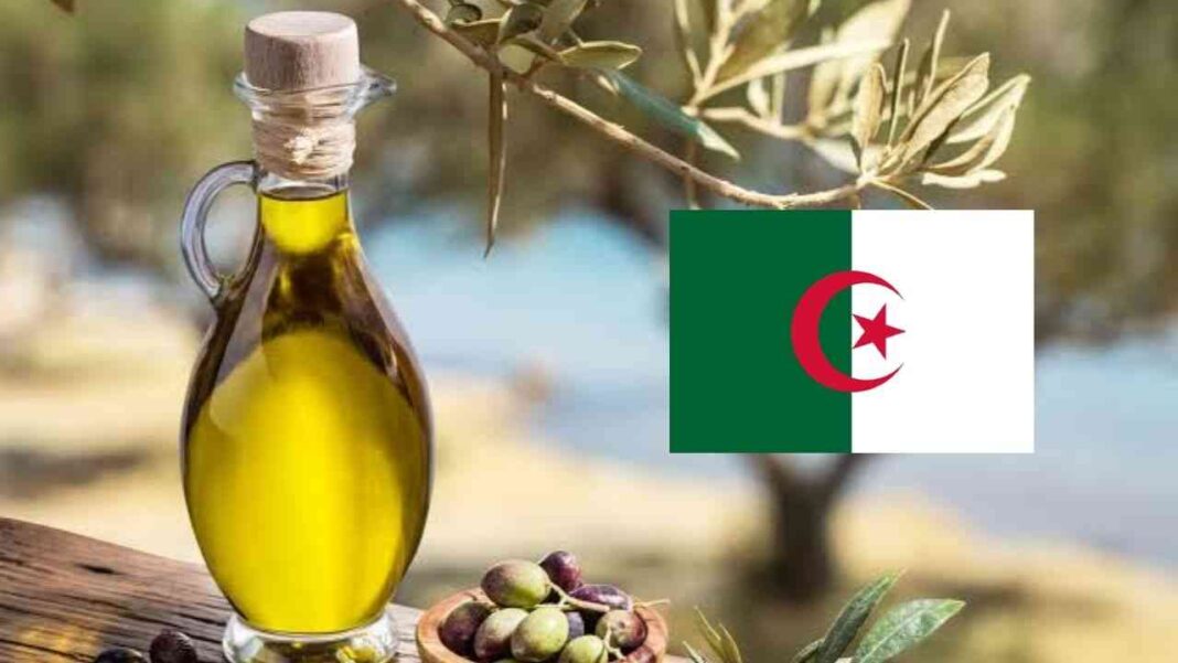 Vols vers l’Algérie : Polémique autour de l’huile d’olive dans les bagages Bouteille d'huile d'olive avec drapeau algérien en arrière-plan.