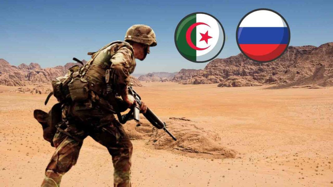 Enfin Moscou révèle les véritables objectifs des exercices militaires russo-algériens Soldat en action lors d'un exercice militaire dans un désert aride.