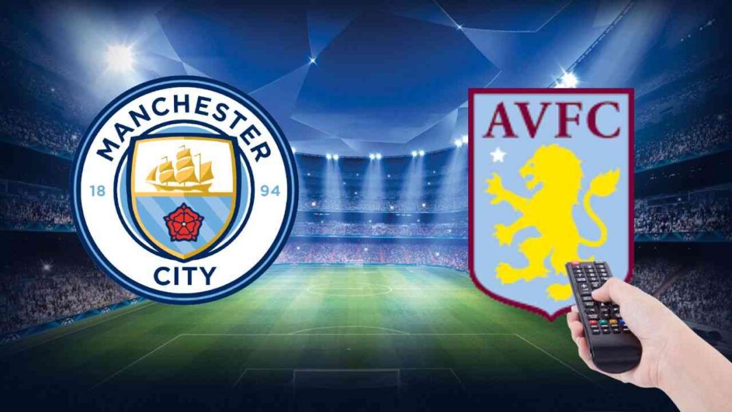 Suivez la rencontre Manchester City vs Aston Villa, ce samedi 3 septembre, ici Logo de Manchester City et Aston Villa sur fond de stade de football.