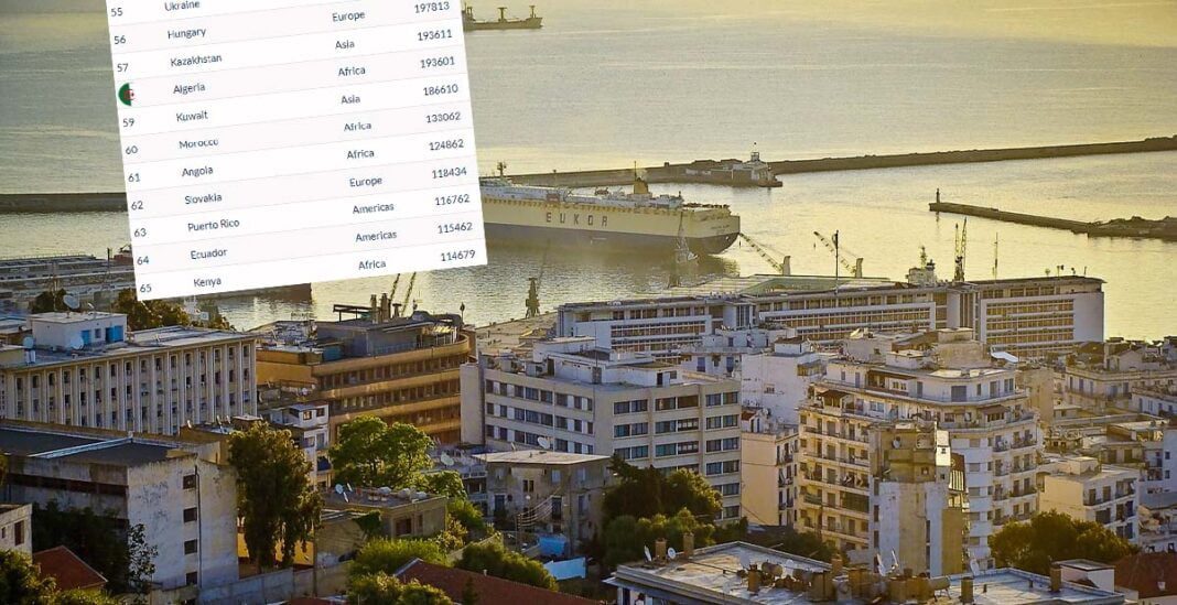 Vue de la ville portuaire d'Alger Vue panoramique d'Alger avec port et bâtiments modernes.