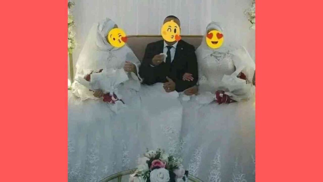 Rachid Skikdi avec deux femmes en mariage traditionnel.