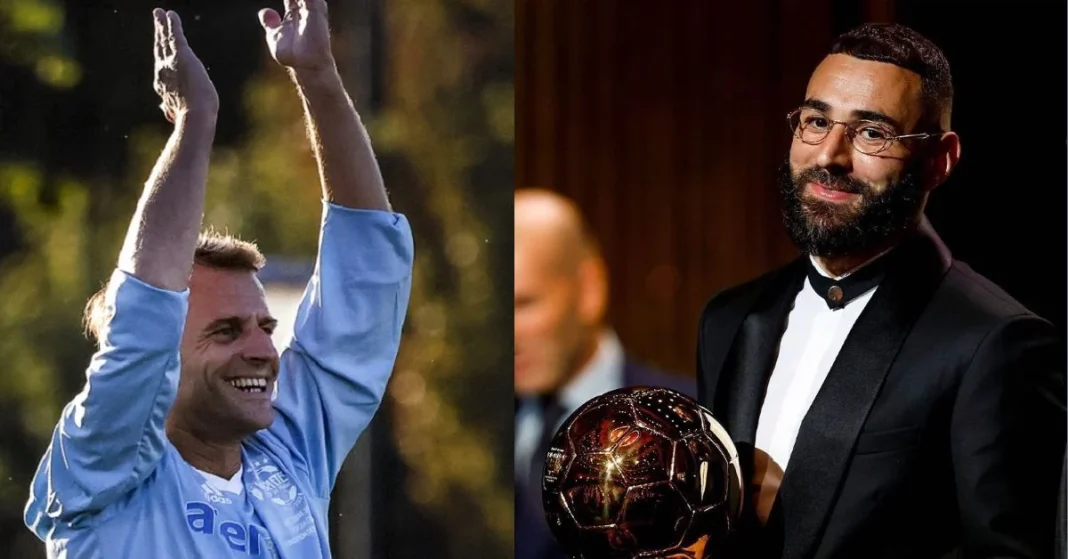 Ballon d’Or 2022 : Macron rend un bel hommage à Benzema Karim Benzema célébrant avec le Ballon d'Or lors de la cérémonie.