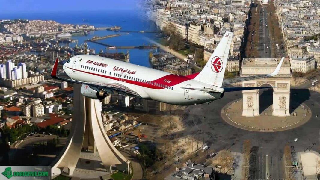 Vols Air Algérie : de retour à Lorraine Aéroport à partir du 31 octobre Avion Air Algérie sur un pont à Paris avec la Tour Eiffel en arrière-plan.
