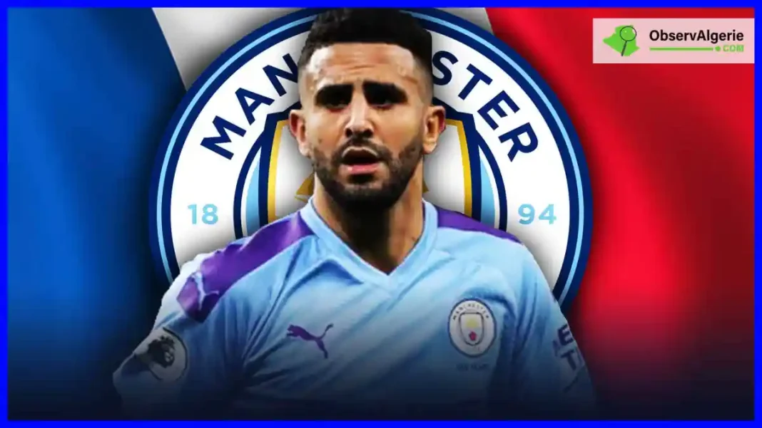 Sous contrat jusqu’en juin 2025 avec City, Mahrez souhaite… Riyad Mahrez en maillot de Manchester City, fond bleu et logo du club.