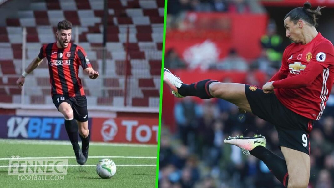 Aymen Mahious en action sur le terrain Aymen Mahious effectuant un geste spectaculaire lors d'un match de football.