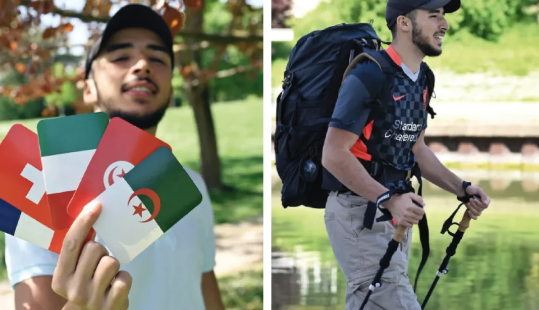 Mehdi avec drapeaux algérien et tunisien, randonnée en nature.